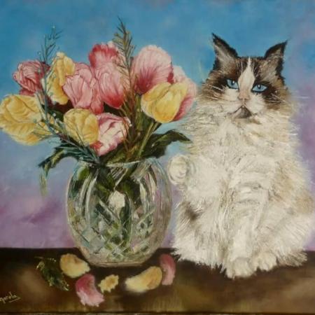 'Le chat et ses tulipes' ~ Huile sur toile