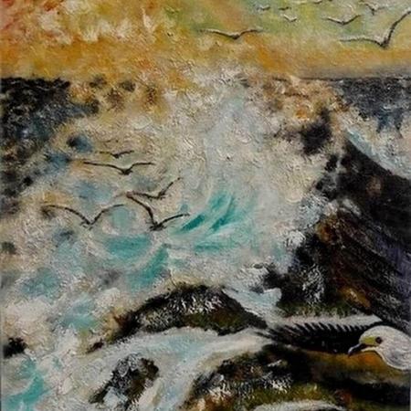 Vagues sur roches ~ Huile sur toile